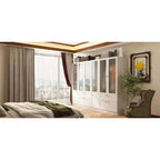 Ensemble Armoire Moderne Grise Hitow Portes en Verre Givré Finition Grain de Bois Style Crème
