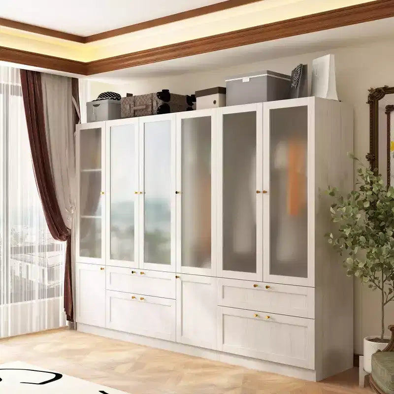 Ensemble Armoire Moderne Grise Hitow Portes en Verre Givré Finition Grain de Bois Style Crème