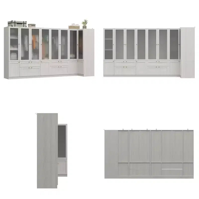 Ensemble Armoire Moderne Grise Hitow Portes en Verre Givré Finition Grain de Bois Style Crème