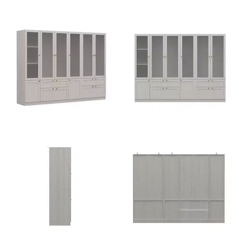 Ensemble Armoire Moderne Grise Hitow Portes en Verre Givré Finition Grain de Bois Style Crème