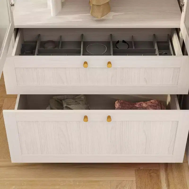 Ensemble Armoire Moderne Grise Hitow Portes en Verre Givré Finition Grain de Bois Style Crème