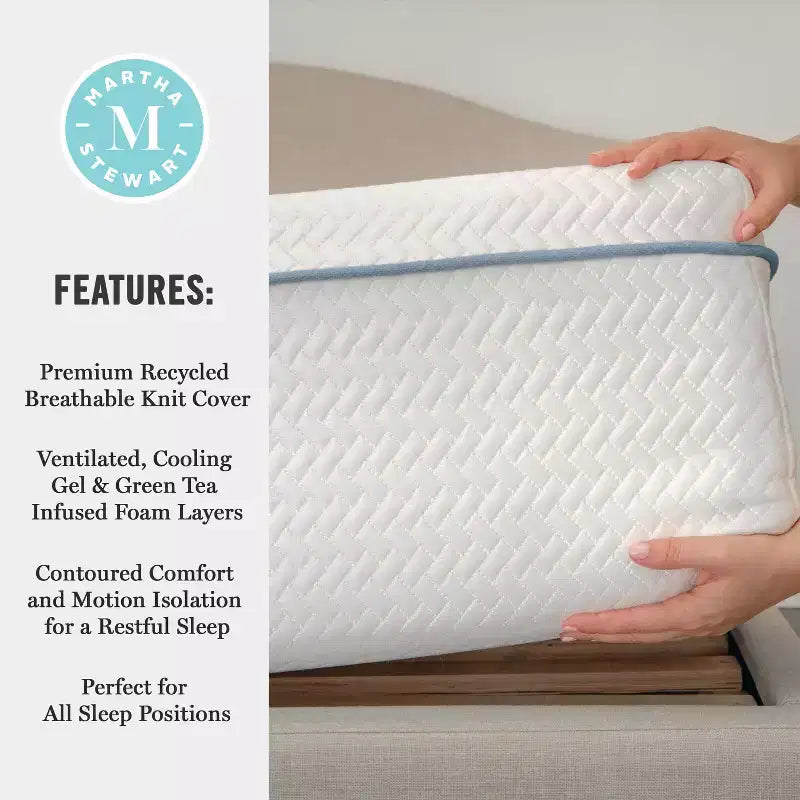 Matelas Martha Stewart SleepComplete 12 po en mousse à mémoire de forme à thé vert et gel rafraîchissant à double action, fermeté moyenne, avec plateau matelassé en jacquard recyclé doux et respirant