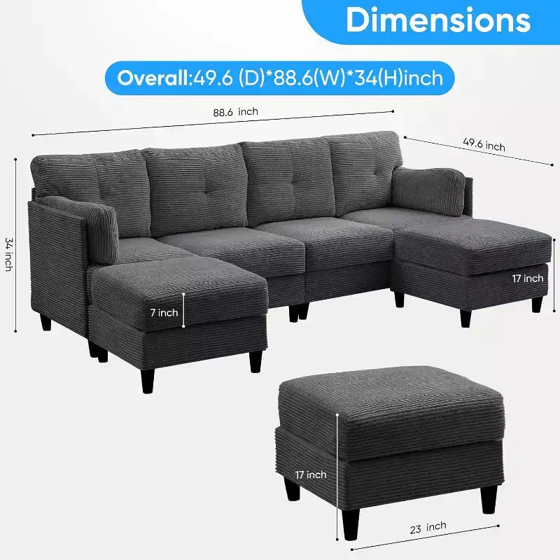 Canapés modulaires en forme de U Mjkone 89 avec 2 poufs, canapé 6 places