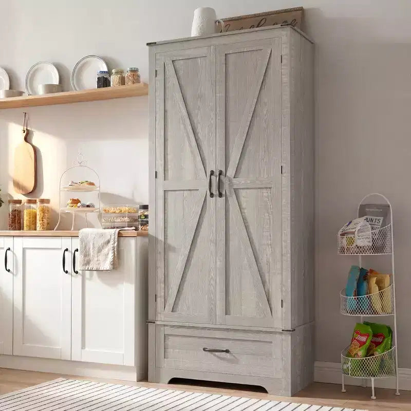 HOMCOM Armoire de garde-manger de ferme de 183 cm avec portes de grange, meuble de rangement de cuisine haut avec étagères réglables et tiroir
