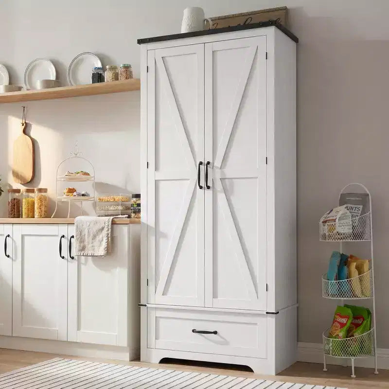 HOMCOM Armoire de garde-manger de ferme de 183 cm avec portes de grange, meuble de rangement de cuisine haut avec étagères réglables et tiroir