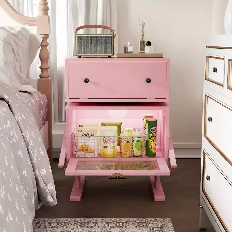 Table de chevet Heynemo avec bandes lumineuses LED, tiroir rotatif à 360 degrés, rangement avec porte vitrée, meuble de chevet en bois pour salon et chambre à coucher