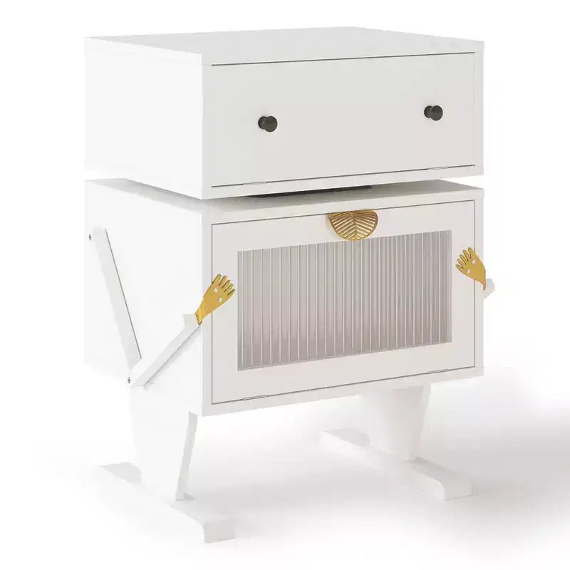 Table de chevet Heynemo avec bandes lumineuses LED, tiroir rotatif à 360 degrés, rangement avec porte vitrée, meuble de chevet en bois pour salon et chambre à coucher