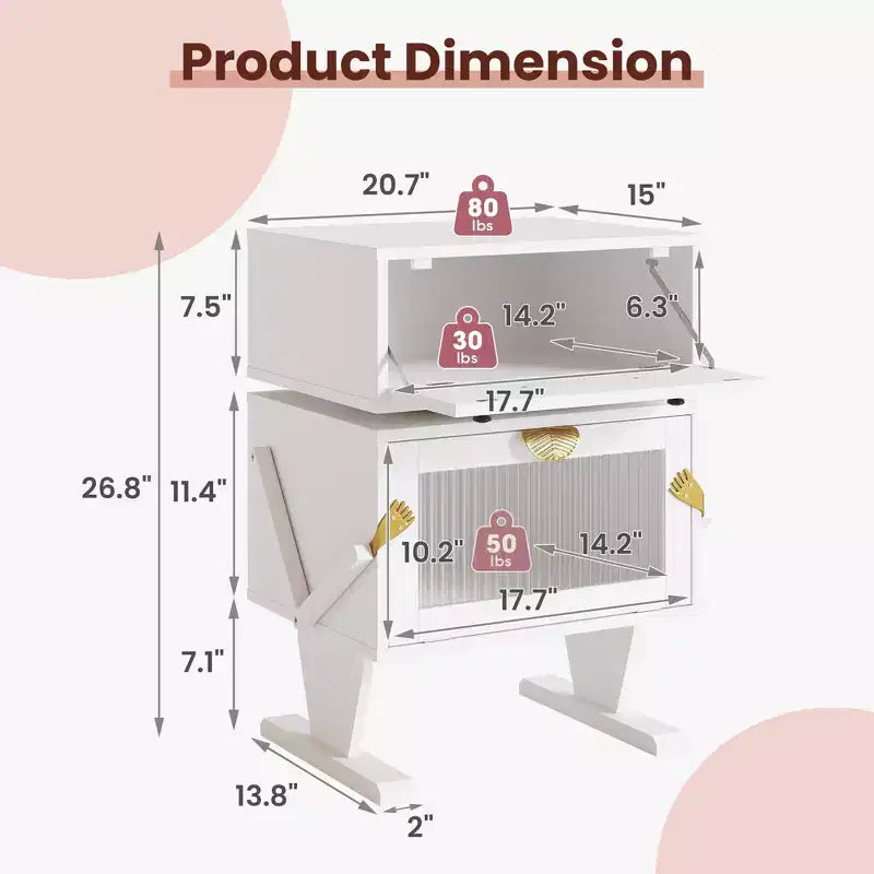 Table de chevet Heynemo avec bandes lumineuses LED, tiroir rotatif à 360 degrés, rangement avec porte vitrée, meuble de chevet en bois pour salon et chambre à coucher