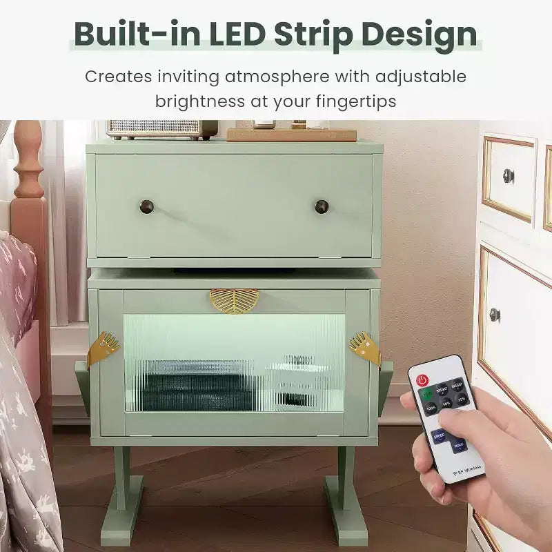 Table de chevet Heynemo avec bandes lumineuses LED, tiroir rotatif à 360 degrés, rangement avec porte vitrée, meuble de chevet en bois pour salon et chambre à coucher