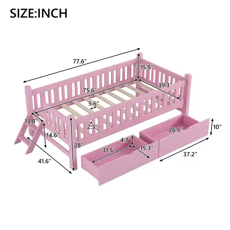 Lit plate-forme en bois Whisen, taille double, avec garde-corps et 2 tiroirs