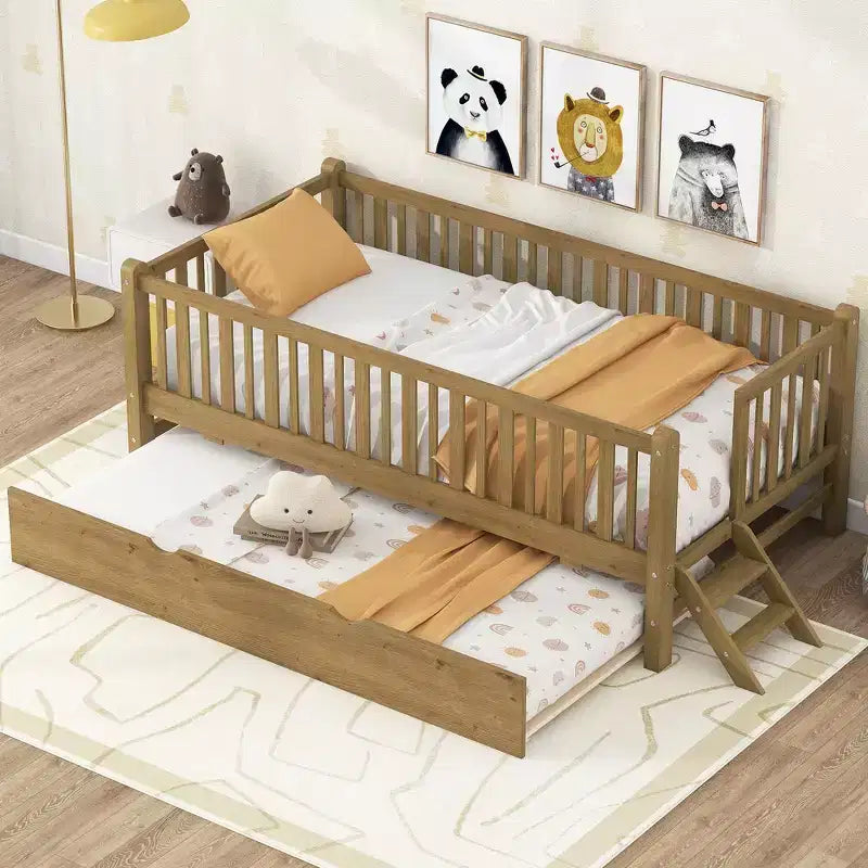 Lit plate-forme en bois Whisen, taille double, avec garde-corps et 2 tiroirs