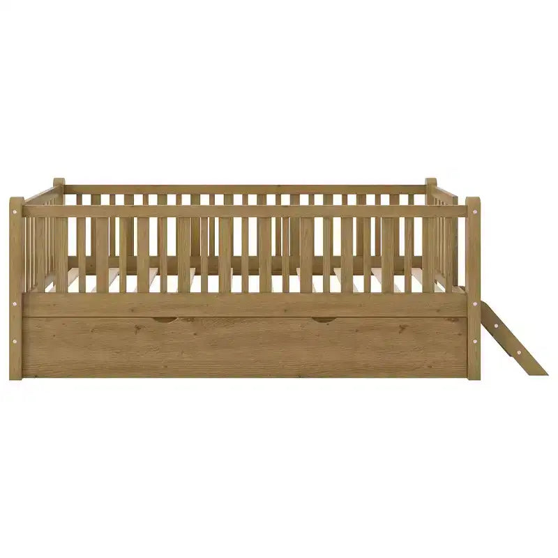 Lit plate-forme en bois Whisen, taille double, avec garde-corps et 2 tiroirs