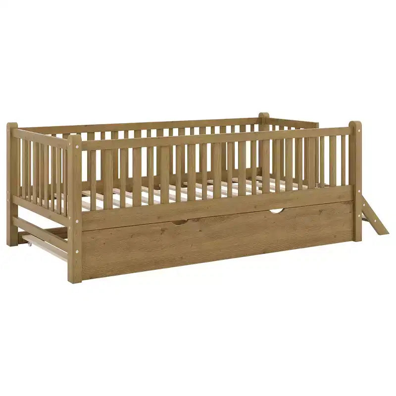 Lit plate-forme en bois Whisen, taille double, avec garde-corps et 2 tiroirs