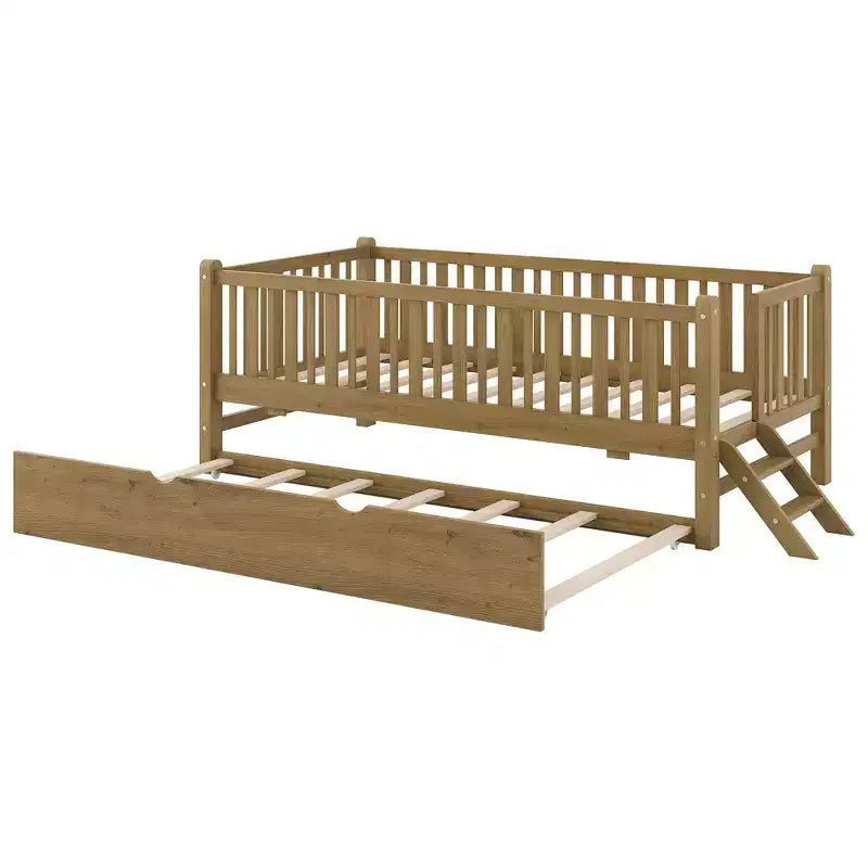 Lit plate-forme en bois Whisen, taille double, avec garde-corps et 2 tiroirs