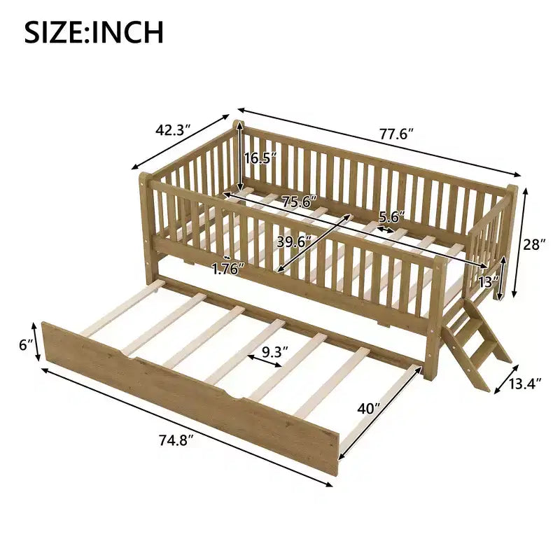 Lit plate-forme en bois Whisen, taille double, avec garde-corps et 2 tiroirs
