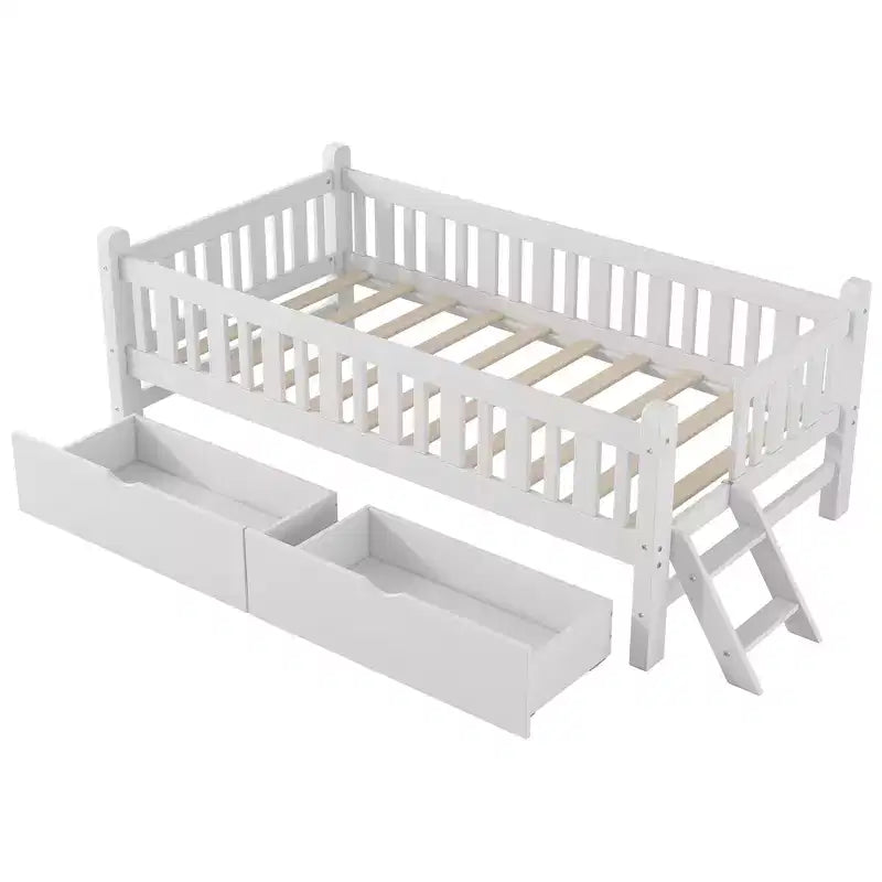 Lit plate-forme en bois Whisen, taille double, avec garde-corps et 2 tiroirs