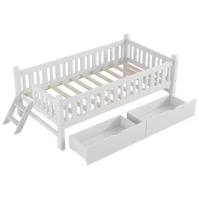Lit plate-forme en bois Whisen, taille double, avec garde-corps et 2 tiroirs