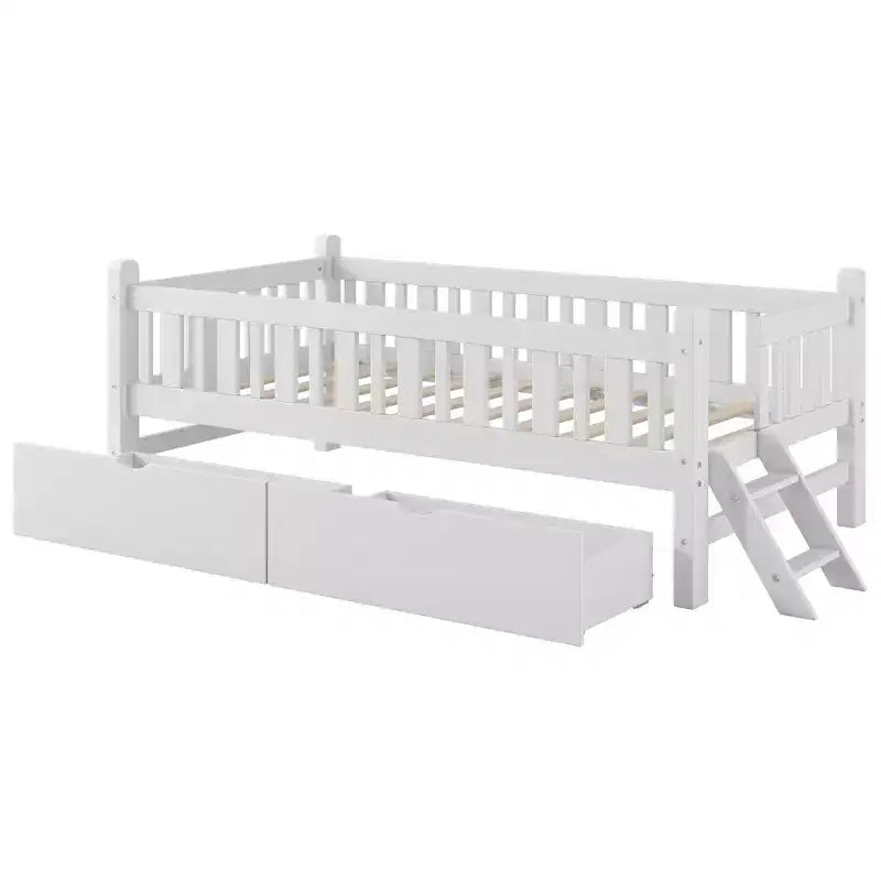 Lit plate-forme en bois Whisen, taille double, avec garde-corps et 2 tiroirs