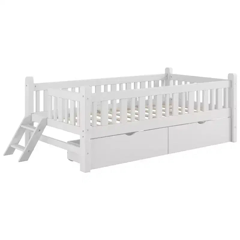 Lit plate-forme en bois Whisen, taille double, avec garde-corps et 2 tiroirs
