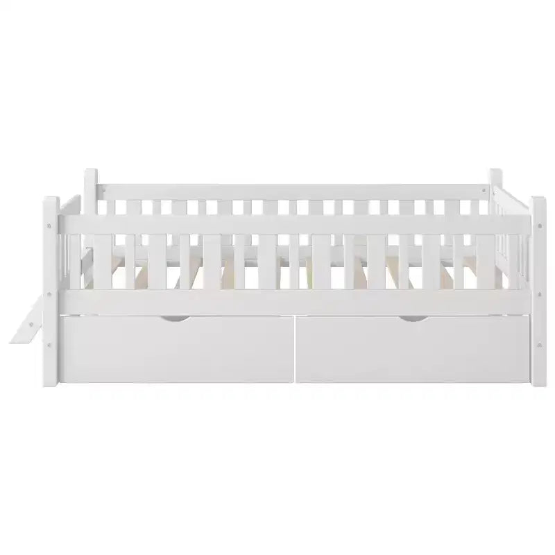 Lit plate-forme en bois Whisen, taille double, avec garde-corps et 2 tiroirs