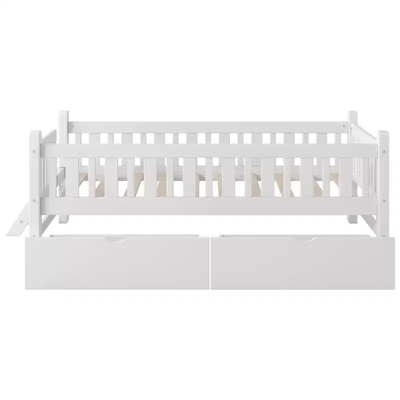 Lit plate-forme en bois Whisen, taille double, avec garde-corps et 2 tiroirs