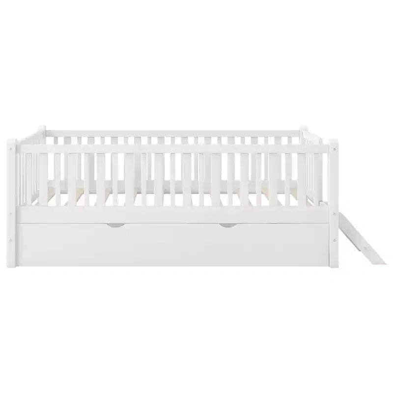 Lit plate-forme en bois Whisen, taille double, avec garde-corps et 2 tiroirs