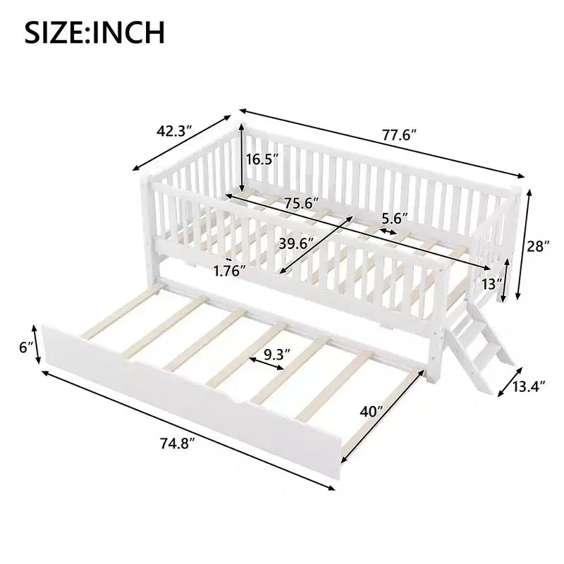 Lit plate-forme en bois Whisen, taille double, avec garde-corps et 2 tiroirs