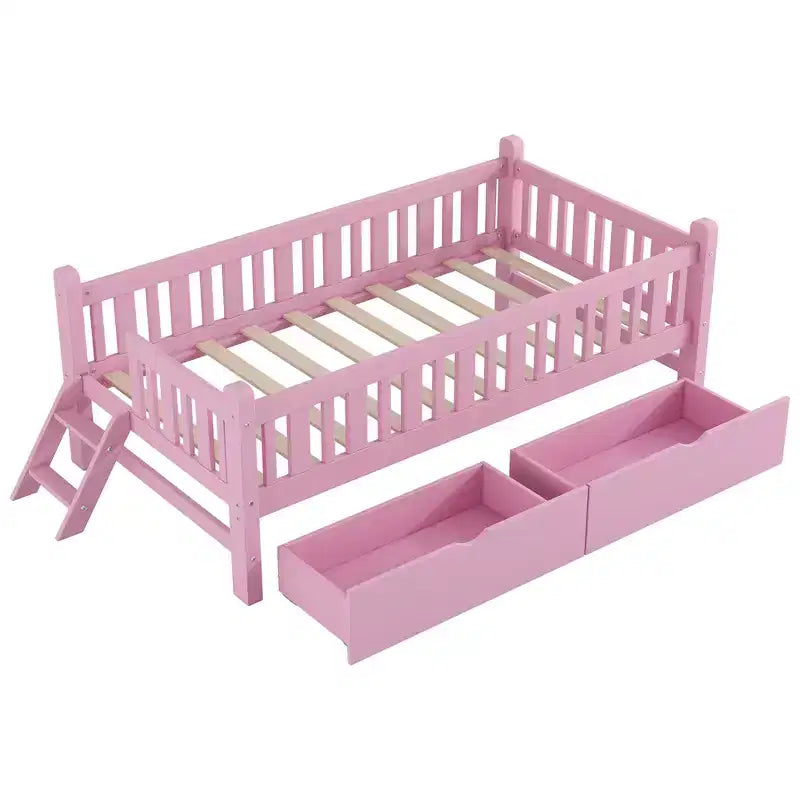 Lit plate-forme en bois Whisen, taille double, avec garde-corps et 2 tiroirs