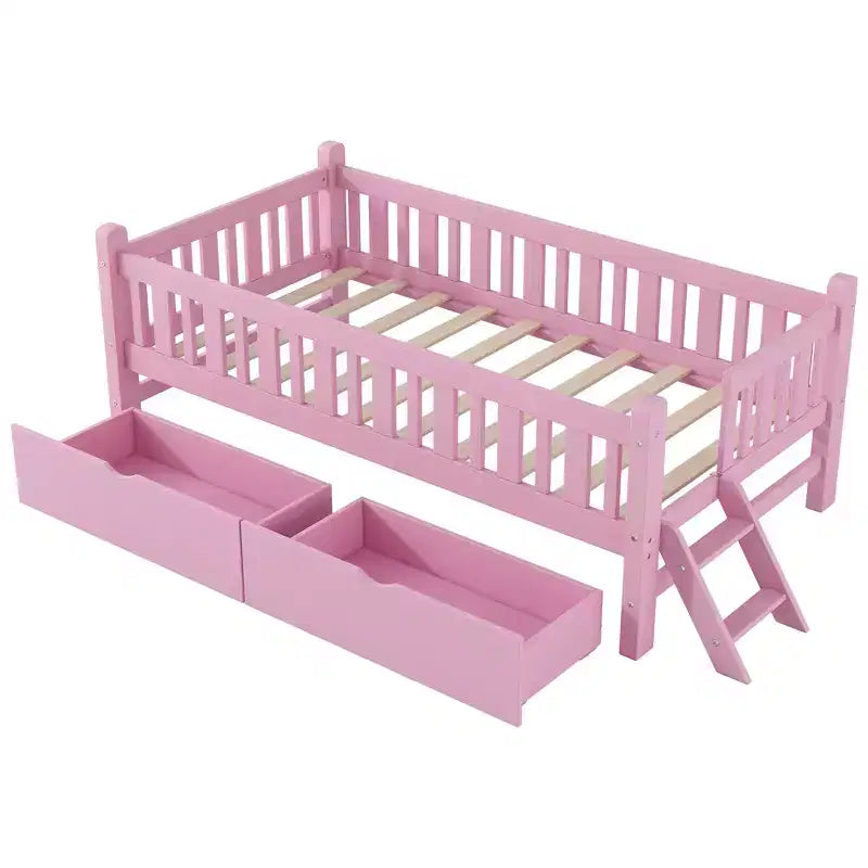 Lit plate-forme en bois Whisen, taille double, avec garde-corps et 2 tiroirs