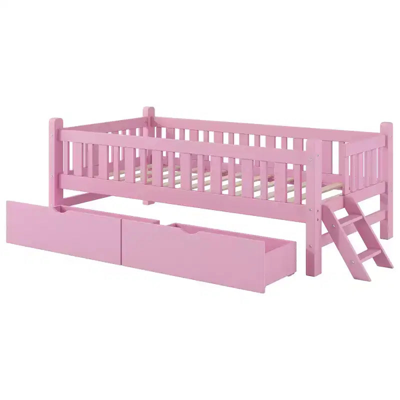 Lit plate-forme en bois Whisen, taille double, avec garde-corps et 2 tiroirs