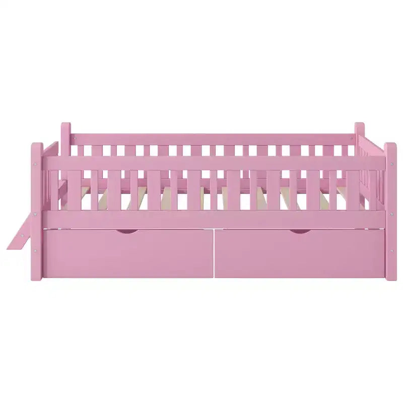 Lit plate-forme en bois Whisen, taille double, avec garde-corps et 2 tiroirs