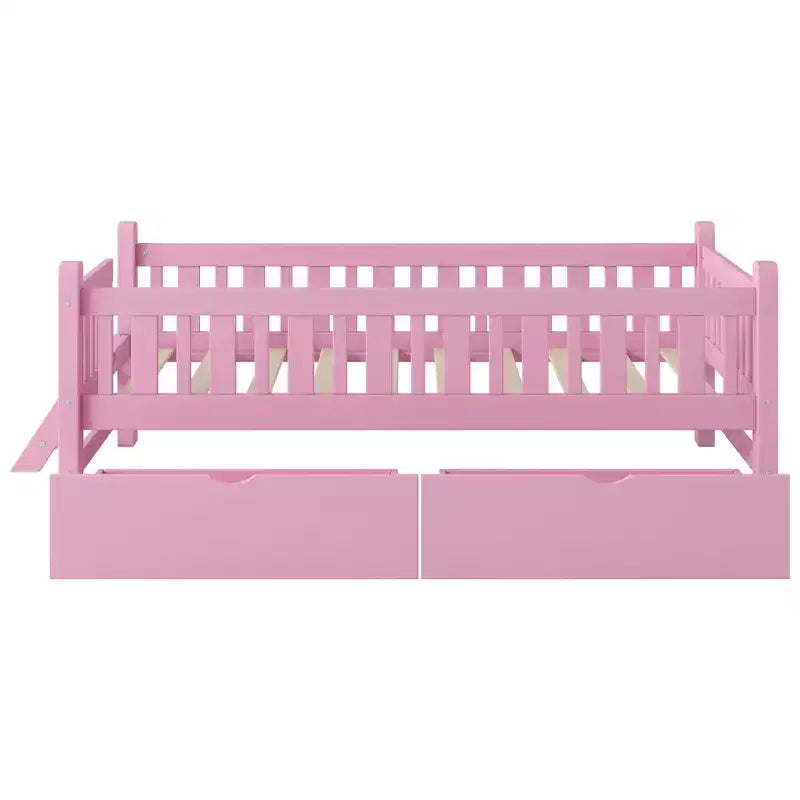 Lit plate-forme en bois Whisen, taille double, avec garde-corps et 2 tiroirs