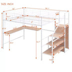 Lit mezzanine pleine grandeur complet : Métal, bureau, grille, armoire, échelle de rangement