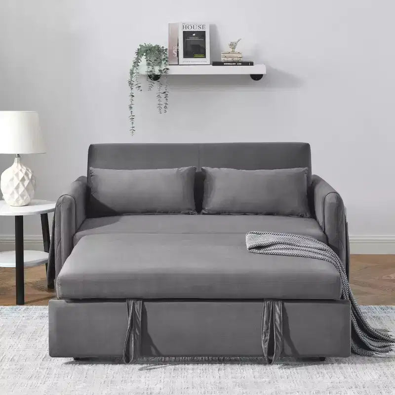 MAYEERTY 55 Canapé-Lit Convertible Moderne en Velours, Causeuse avec 2 Poches Accoudoirs Détachables, Lit Extensible, 2 Coussins, Dossier Réglable, Accoudoirs Grille