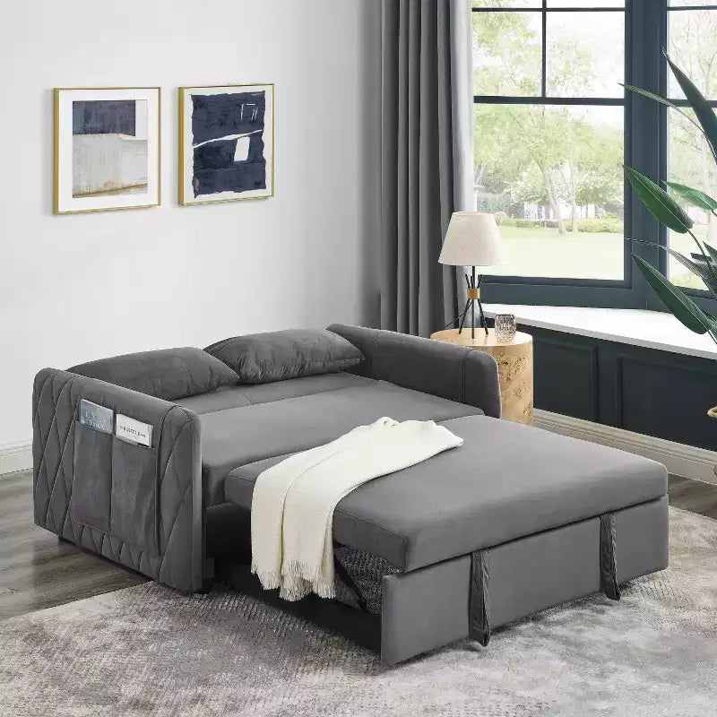 MAYEERTY 55 Canapé-Lit Convertible Moderne en Velours, Causeuse avec 2 Poches Accoudoirs Détachables, Lit Extensible, 2 Coussins, Dossier Réglable, Accoudoirs Grille