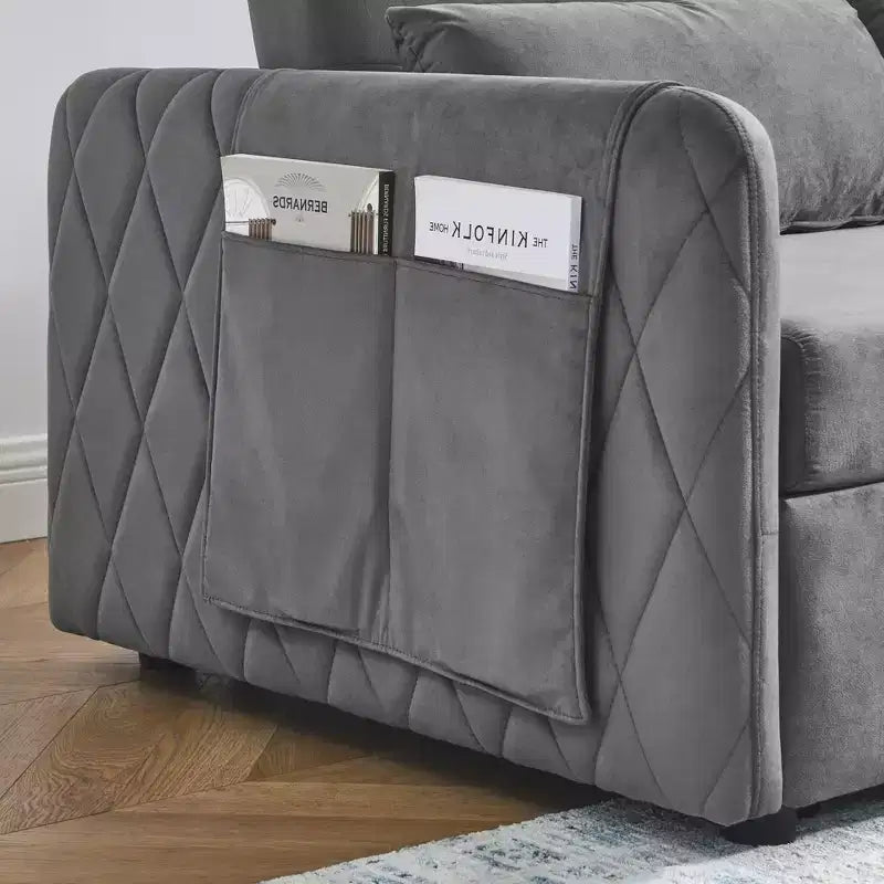 MAYEERTY 55 Canapé-Lit Convertible Moderne en Velours, Causeuse avec 2 Poches Accoudoirs Détachables, Lit Extensible, 2 Coussins, Dossier Réglable, Accoudoirs Grille