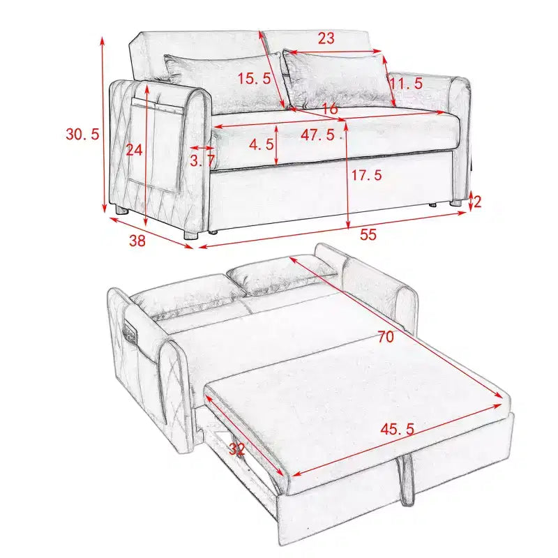 MAYEERTY 55 Canapé-Lit Convertible Moderne en Velours, Causeuse avec 2 Poches Accoudoirs Détachables, Lit Extensible, 2 Coussins, Dossier Réglable, Accoudoirs Grille