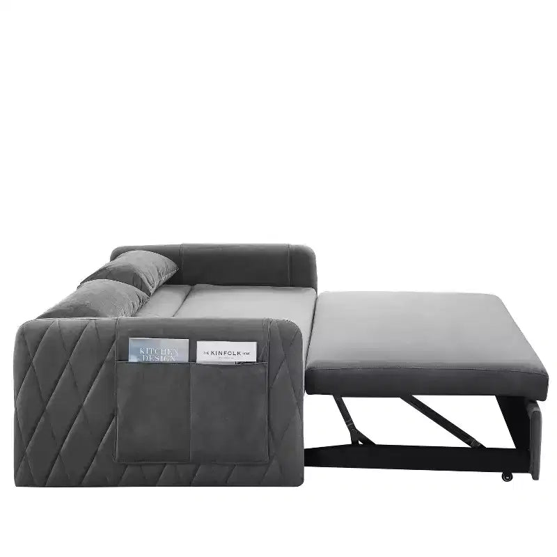 MAYEERTY 55 Canapé-Lit Convertible Moderne en Velours, Causeuse avec 2 Poches Accoudoirs Détachables, Lit Extensible, 2 Coussins, Dossier Réglable, Accoudoirs Grille