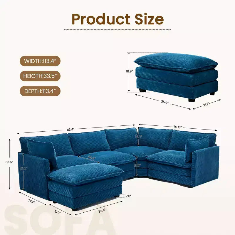HYLEORY - Canapé d'angle modulaire moderne en velours côtelé de 287 x 201 cm avec pouf et canapé en forme de U à 5 places