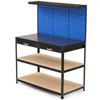 Costway Établi 122 x 61 cm, Table de Travail Robuste avec 3 Panneaux Perforés, Tiroir et Étagères Bleu Marine/Noir