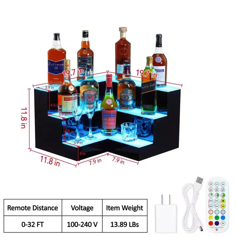 Étagère de présentation pour bouteilles d'alcool, 3 niveaux 20 pouces, en acrylique éclairé avec télécommande et contrôle via application