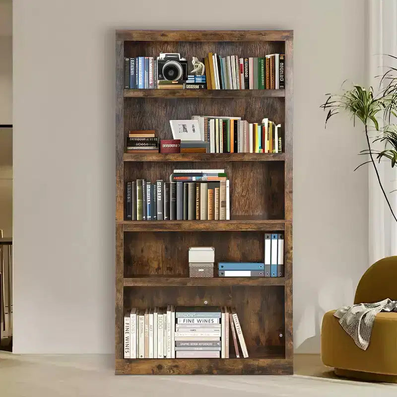 FDW Étagère à Livres Industrielle à 5 Niveaux en Bois, Parfaite pour Bureau à Domicile ou Salon, Marron