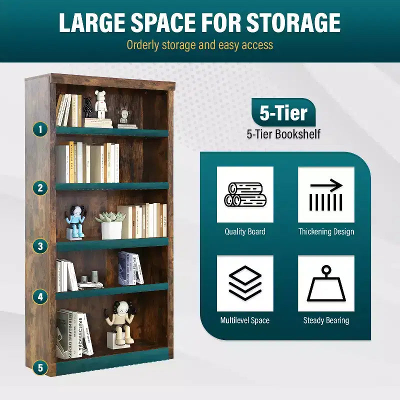 FDW Étagère à Livres Industrielle à 5 Niveaux en Bois, Parfaite pour Bureau à Domicile ou Salon, Marron