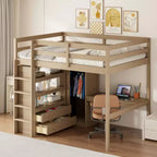 Wood Full Size Loft Bed with Built-in Wardrobe, Desk, Storage Shelves and Drawers, Walnut