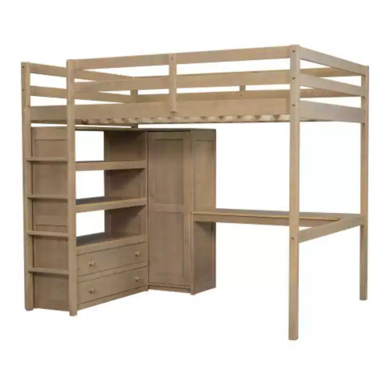 Lit mezzanine double en bois avec armoire, bureau, étagères de rangement et tiroirs intégrés, Noyer