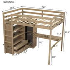 Lit mezzanine double en bois avec armoire, bureau, étagères de rangement et tiroirs intégrés, Noyer
