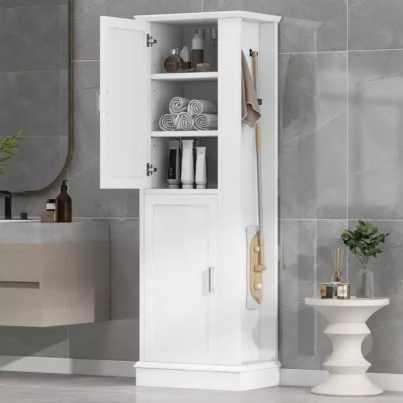Armoire de Rangement Haute Whisen pour Salle de Bain, Meuble de Rangement sur Pied avec Crochets et Étagères Réglables