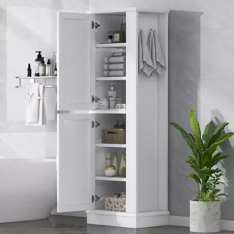 Armoire de Rangement Haute Whisen pour Salle de Bain, Meuble de Rangement sur Pied avec Crochets et Étagères Réglables