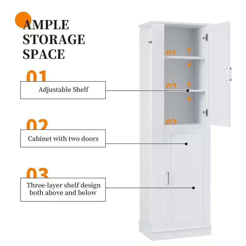 Armoire de Rangement Haute Whisen pour Salle de Bain, Meuble de Rangement sur Pied avec Crochets et Étagères Réglables