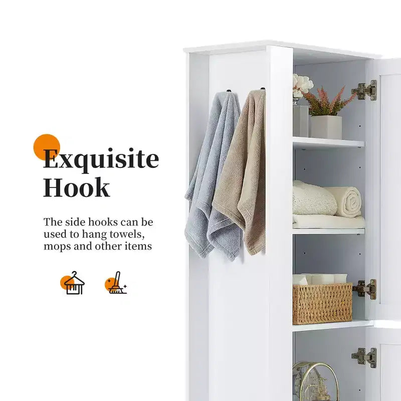 Armoire de Rangement Haute Whisen pour Salle de Bain, Meuble de Rangement sur Pied avec Crochets et Étagères Réglables